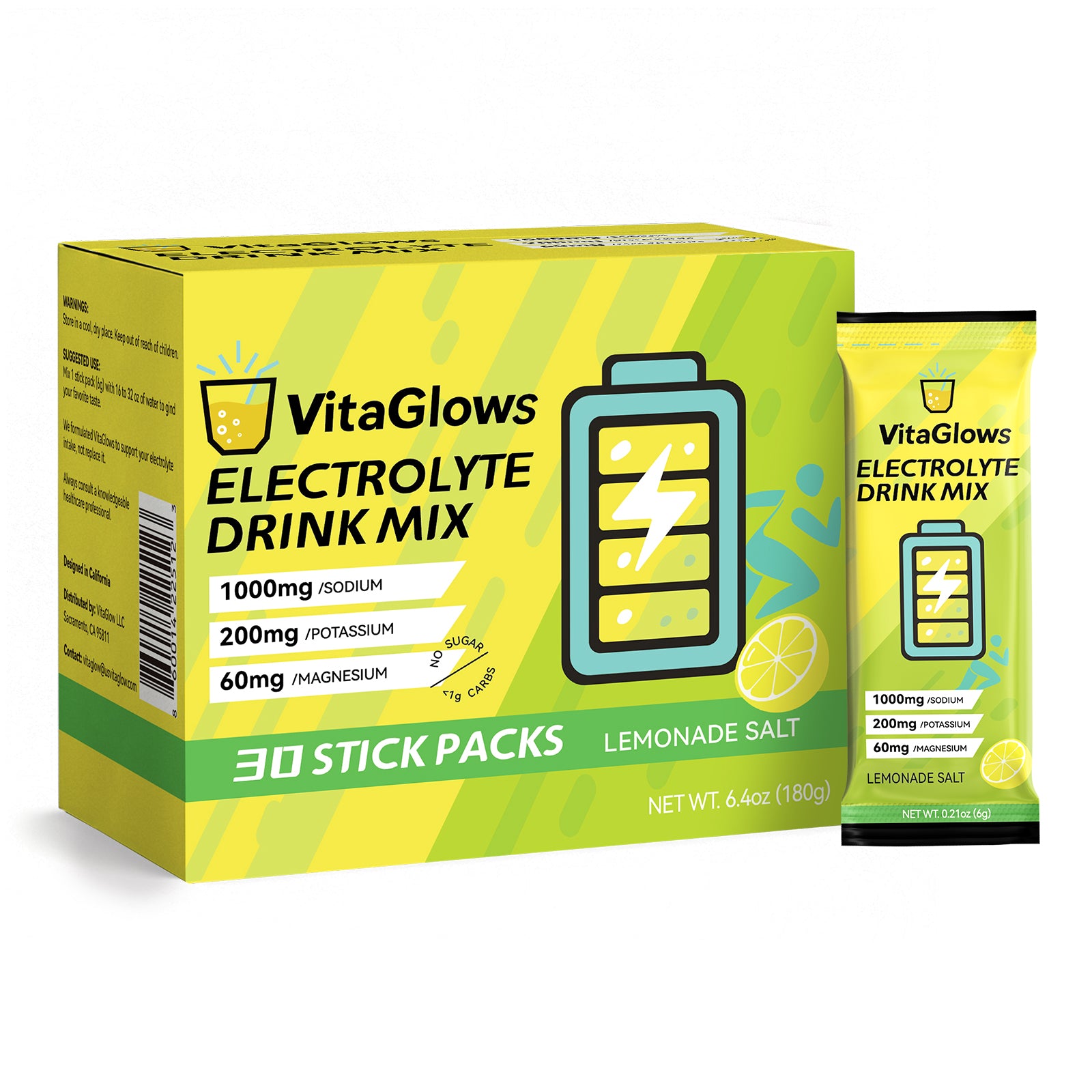 VitaGlows Electrolyte Powder Drink Mix, Sugar Free Lemonade Salt Hydration Powder with Sodium Potassium Magnesium, Keto Electrolytes for Workout, Fasting & Daily Hydration – 30 Pack