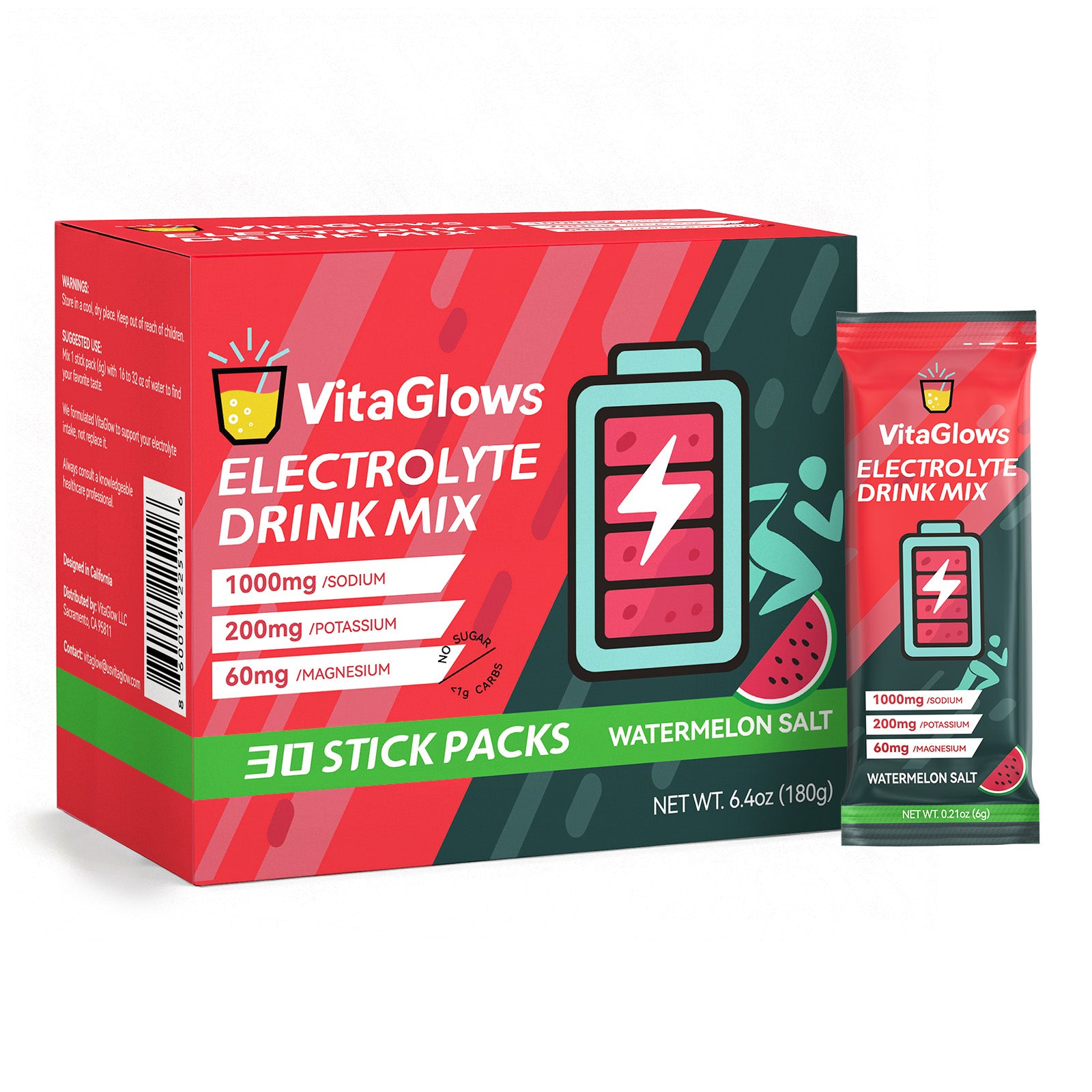 VitaGlows Electrolyte Powder Drink Mix, Sugar Free Watermelon Salt Hydration Powder with Sodium Potassium Magnesium, Keto Electrolytes for Workout, Fasting & Daily Hydration – 30 Pack